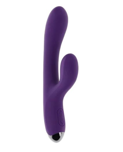 Playboy New Crush Rechargeable Dual Vibrator in purple, designed for dual internal and external pleasure.