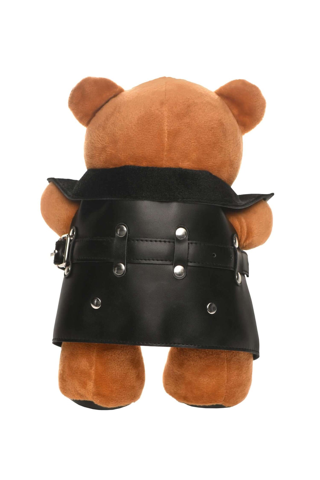 The Flasher Exhibitionist Teddy Bear Plush wearing a leather outfit, showcasing a playful and quirky design.