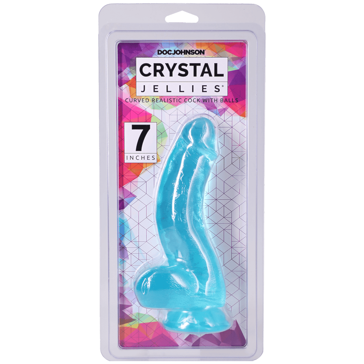 Crystal Jellies Curved Realistic Cock With Balls 7 Inch Teal packaging showing the product design and features.