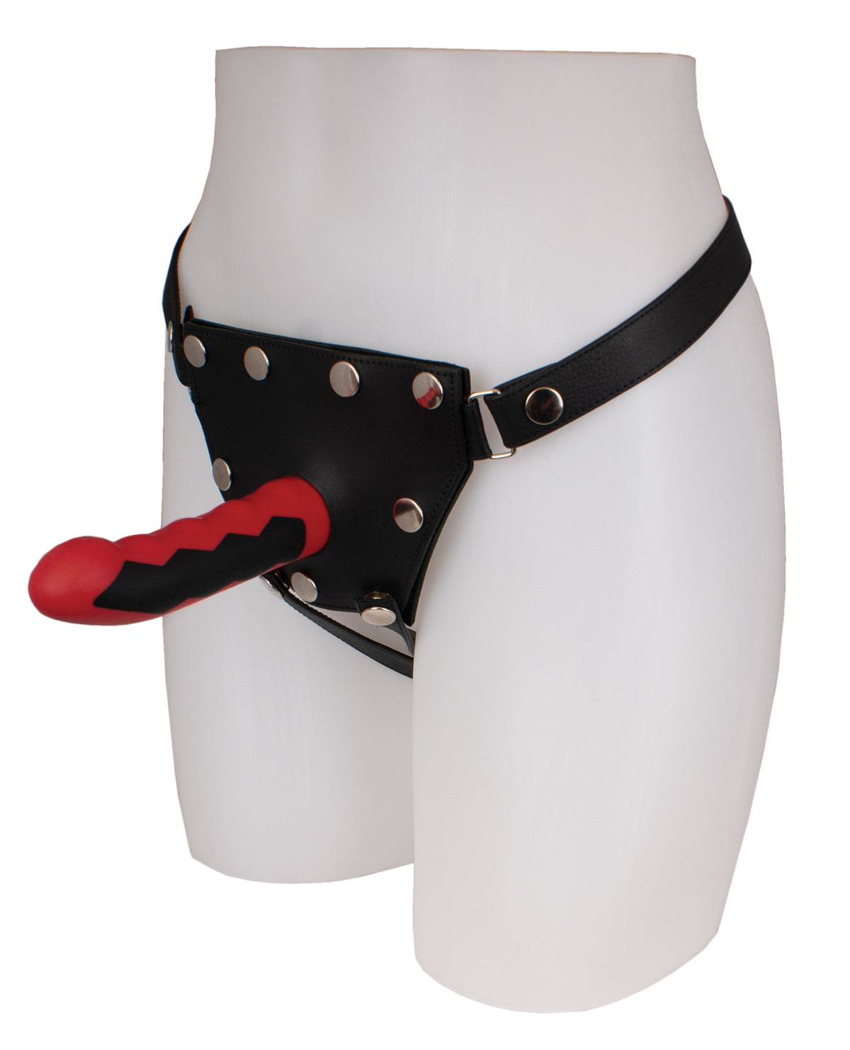 ElectraStim Silicone Fusion Komodo Electro Dildo Red Black in a harness for versatile stimulation.
