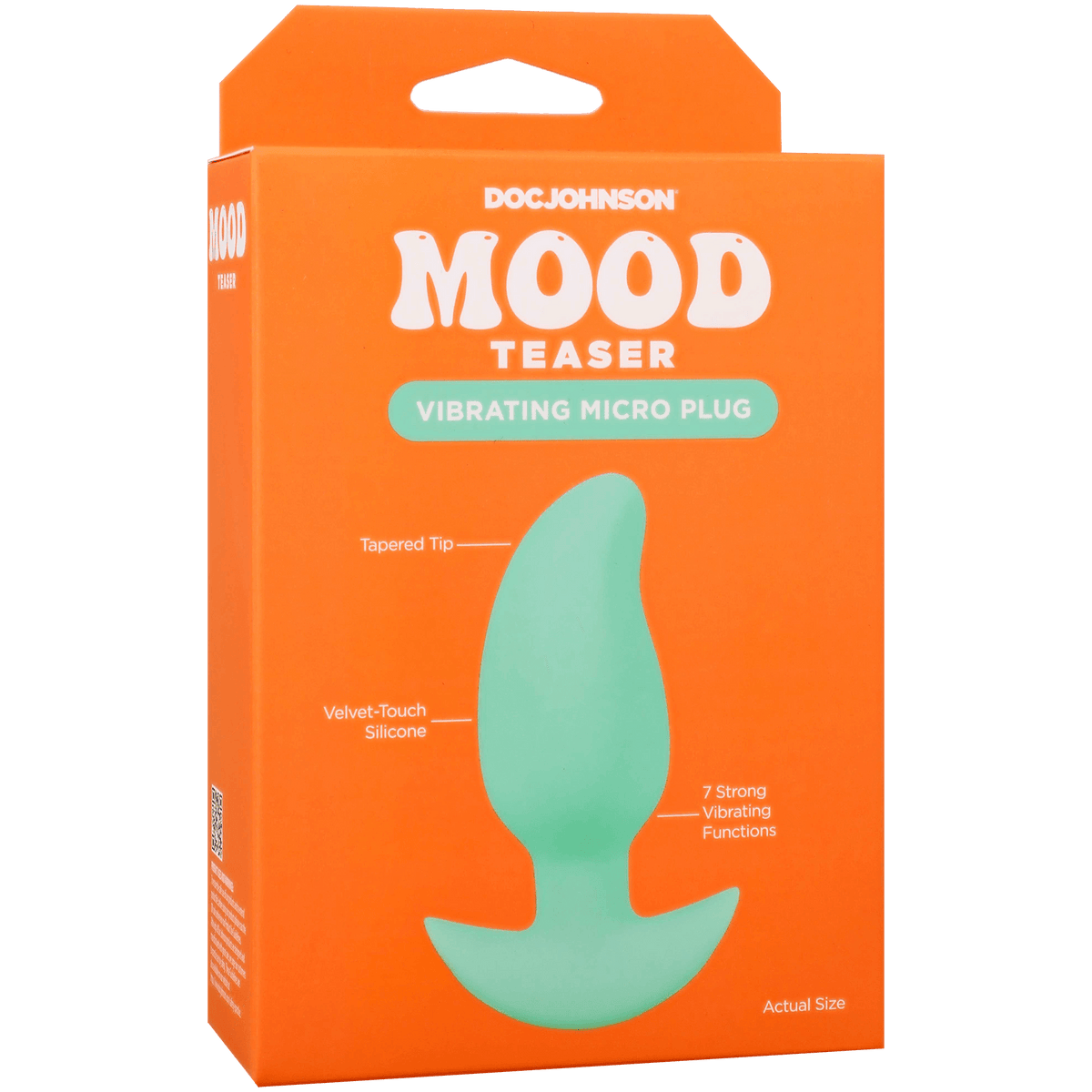 Mood Teaser Vibrating Micro Plug Mint packaging showcasing tapered tip and velvet-touch silicone design.