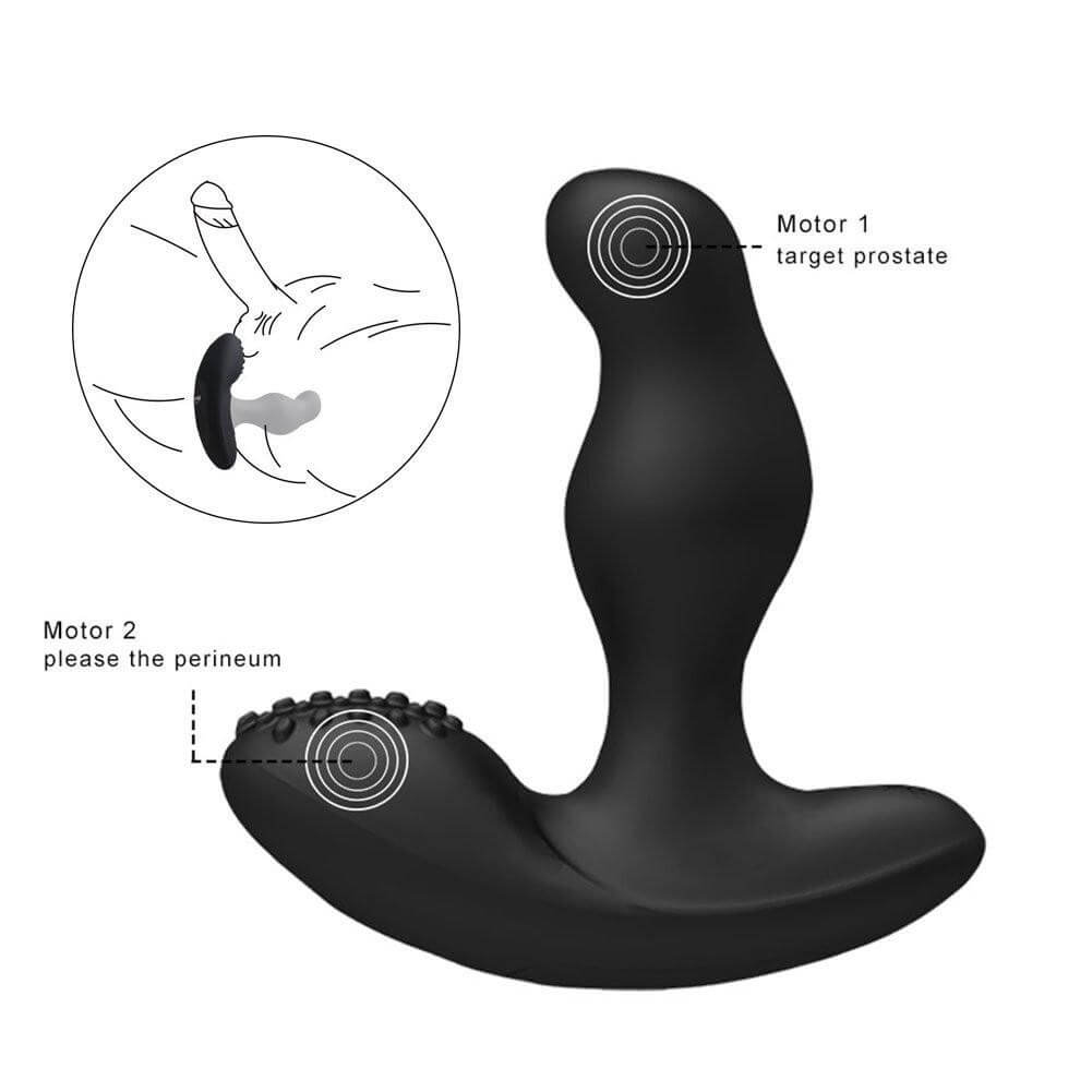 Levett Caesar Premium Silicone Prostate Massager Black showing dual motor design for enhanced pleasure.
