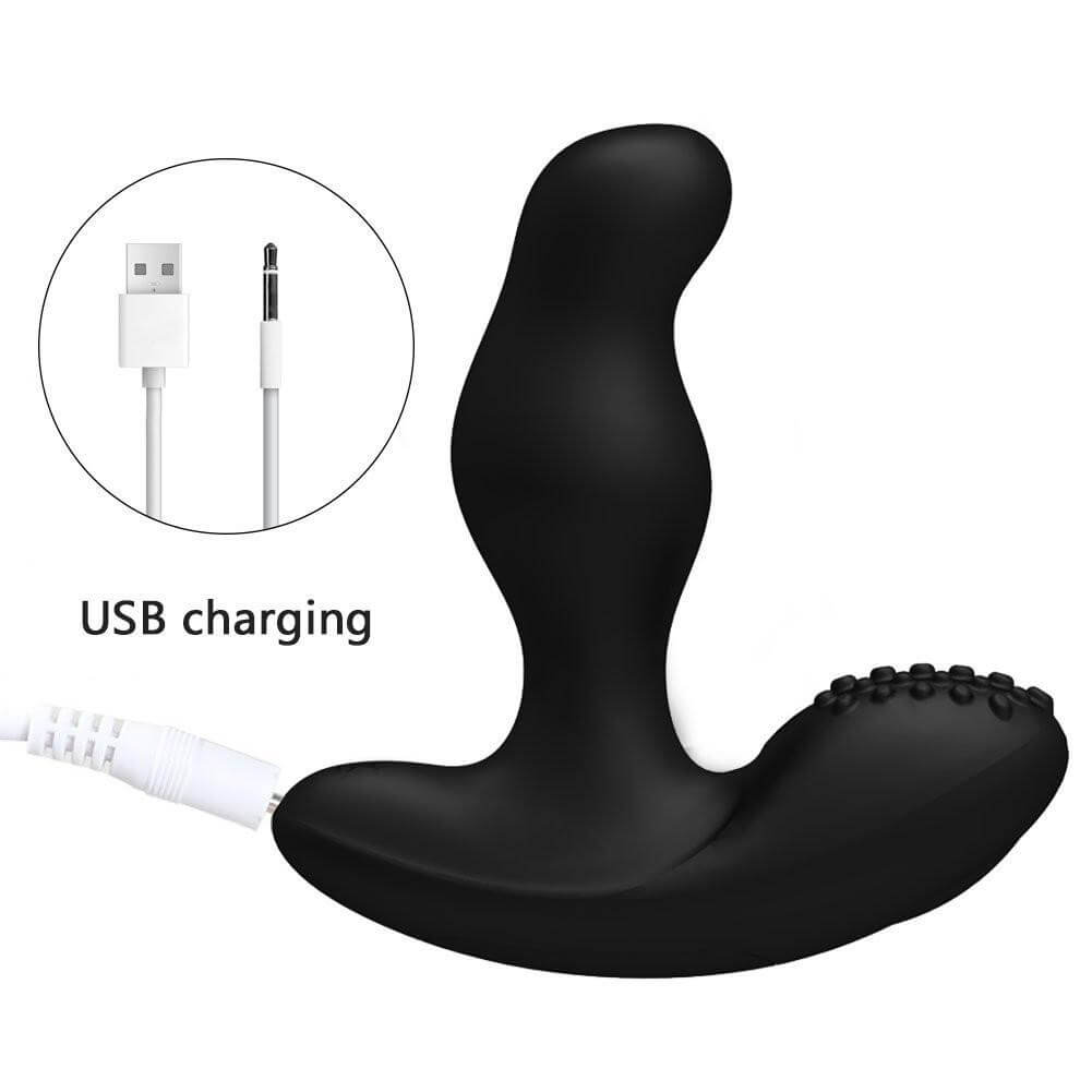Levett Caesar Premium Silicone Prostate Massager Black with USB charging cable and detailed design features.