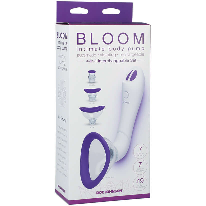 Bloom Rechargeable Intimate Body Pump Purple packaging featuring automatic suction and vibration features.