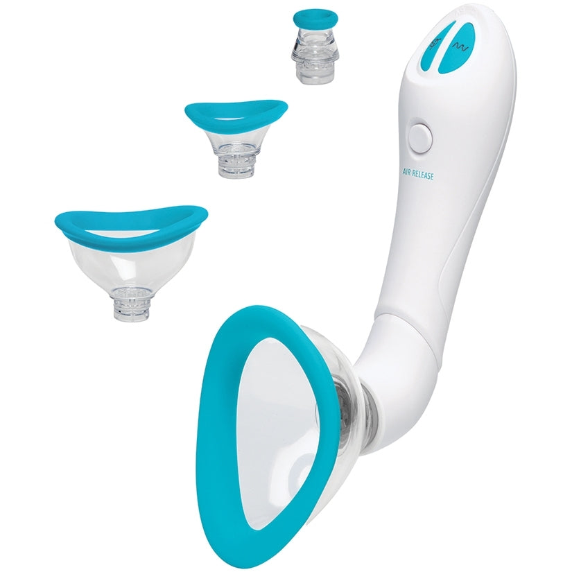 Bloom Rechargeable Intimate Body Pump Blue with interchangeable silicone heads for targeted suction and vibration.