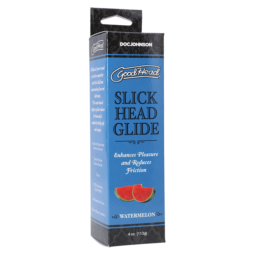 Goodhead Slick Head Glide Watermelon Flavored Lube 4 oz packaging with watermelon design and benefits listed.