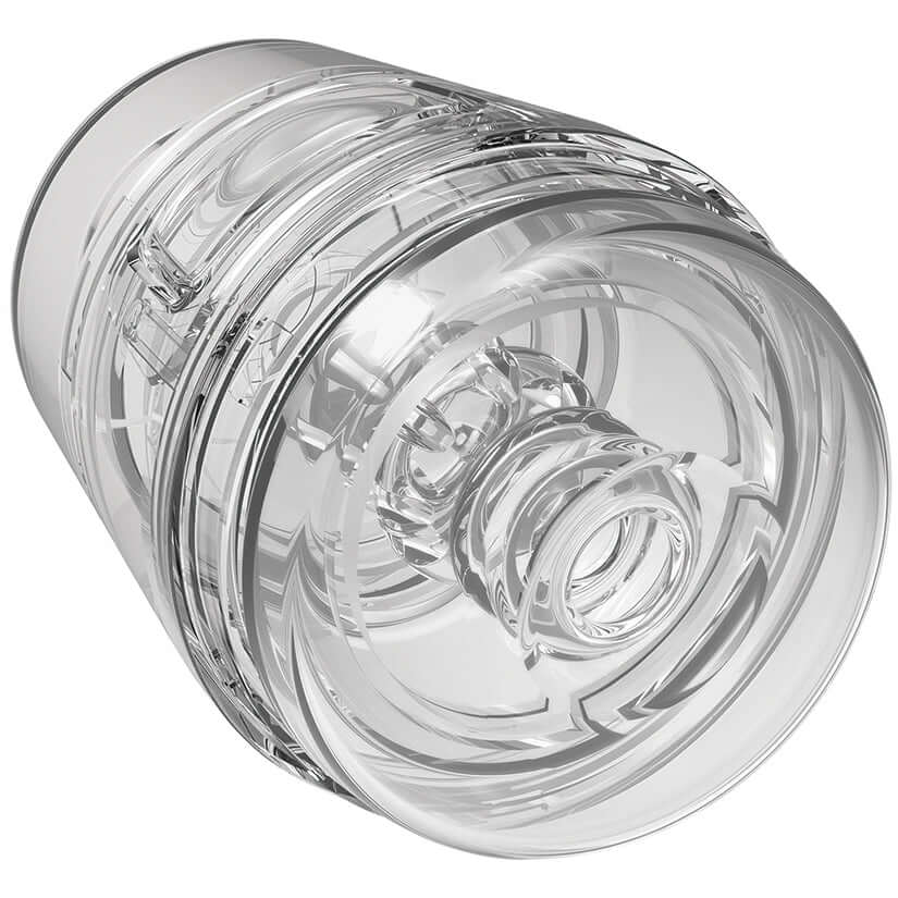 Main Squeeze Pop-off Optix Stroker Crystal in clear design showcasing transparent details and compact size.