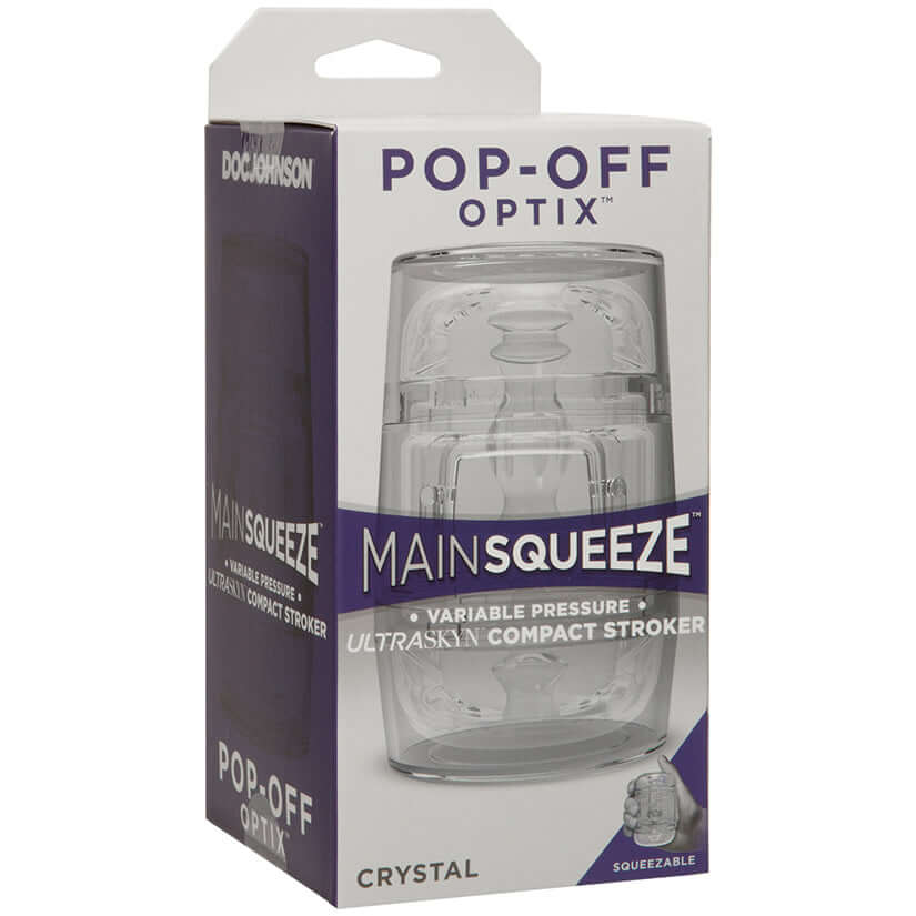 Main Squeeze Pop-off Optix Stroker Crystal packaging showcasing its transparent design and variable pressure features.