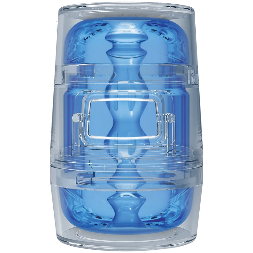 Main Squeeze Pop Off Optix Stroker Crystal Blue showing transparent design and compact size.