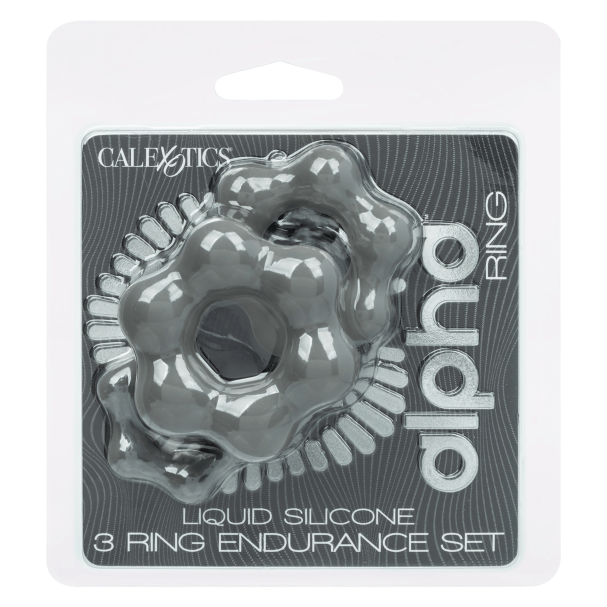 Alpha Liquid Silicone 3 Ring Endurance Set Grey packaging showcasing three silicone rings for intimate enhancement.