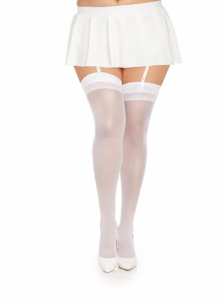 Dreamgirl Sheer Thigh High Stockings White Queen worn with a white skirt and high heels for a stylish look.