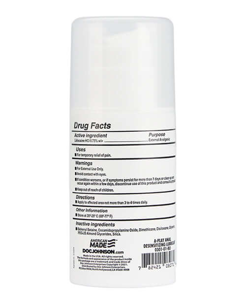 A Play Anal Desensitizing Gel 3.4 Oz packaging displaying drug facts and ingredients.