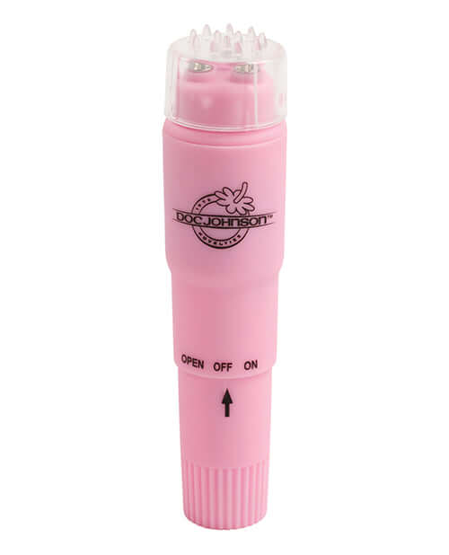 Naughty Secrets Devices of Desire Pocket Rocket Pink vibrator by Doc Johnson with a pink design and textured tip.