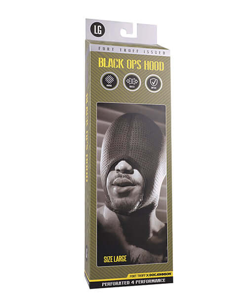 Fort Troff Black Ops Hood Large Black packaging showcasing perforated design and size details.