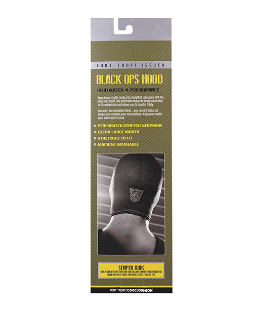 Fort Troff Black Ops Hood Large Black packaging with features highlighted and instructions for use.