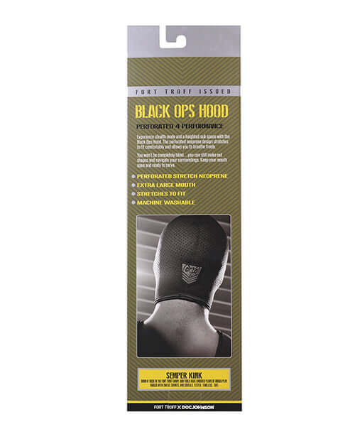 Fort Troff Black Ops Hood Large Black packaging with features highlighted and instructions for use.