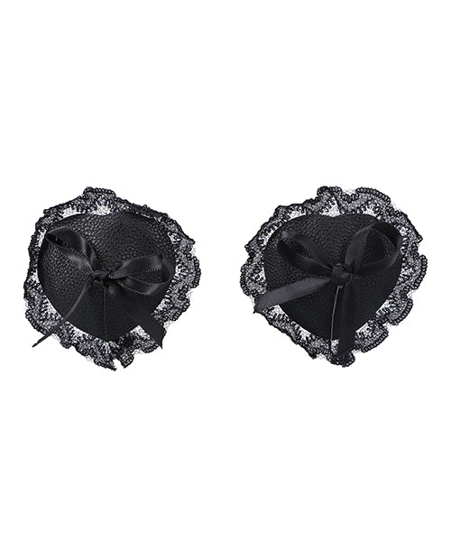 In A Bag Lace Nipple Pasties Black featuring heart shape, black vegan leather, and delicate lace trim.