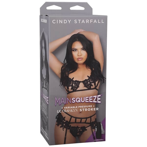Main Squeeze Cindy Starfall Porn Star Ultraskyn Stroker Pussy packaging showcasing realistic male masturbator features.