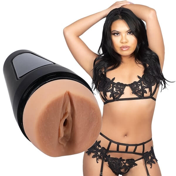 Main Squeeze Cindy Starfall Porn Star Ultraskyn Stroker Pussy with Cindy Starfall in lace lingerie.