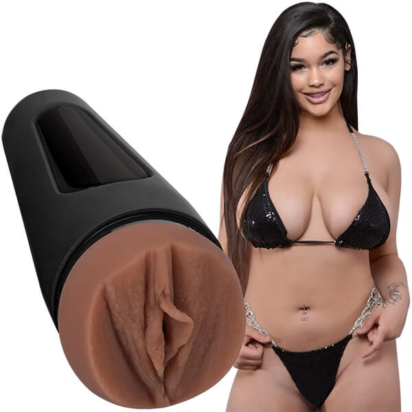 Main Squeeze lexi2legit Ultraskyn Pussy Stroker Caramel alongside model Lexi2Legit showcasing product design and features.