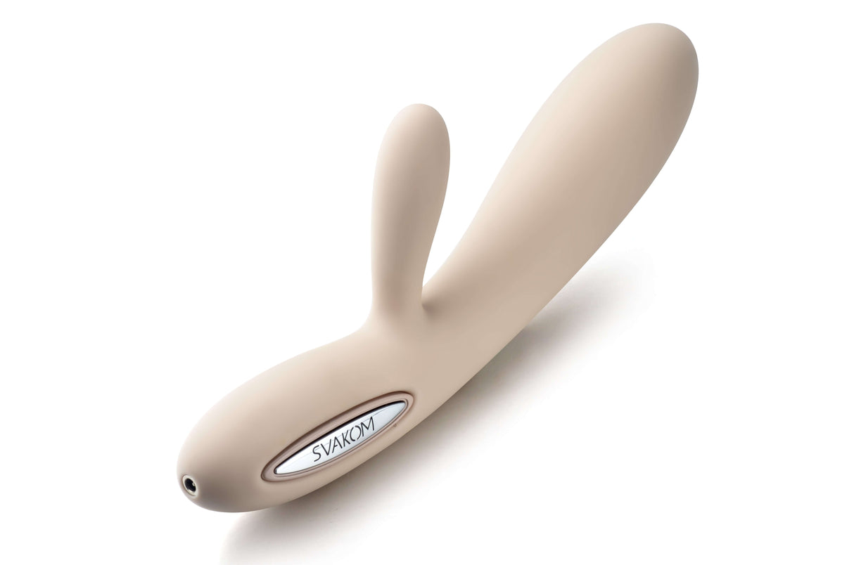 Svakom Lester Rechargeable Warming Rabbit Vibrator Khaki on a white background showcasing its elegant design and features.