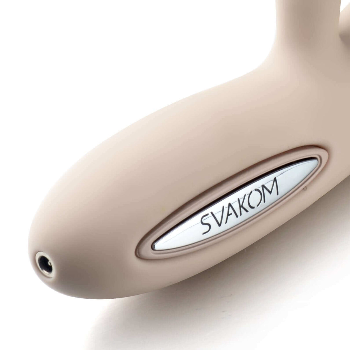 Svakom Lester Rechargeable Warming Rabbit Vibrator Khaki close-up with brand logo detail