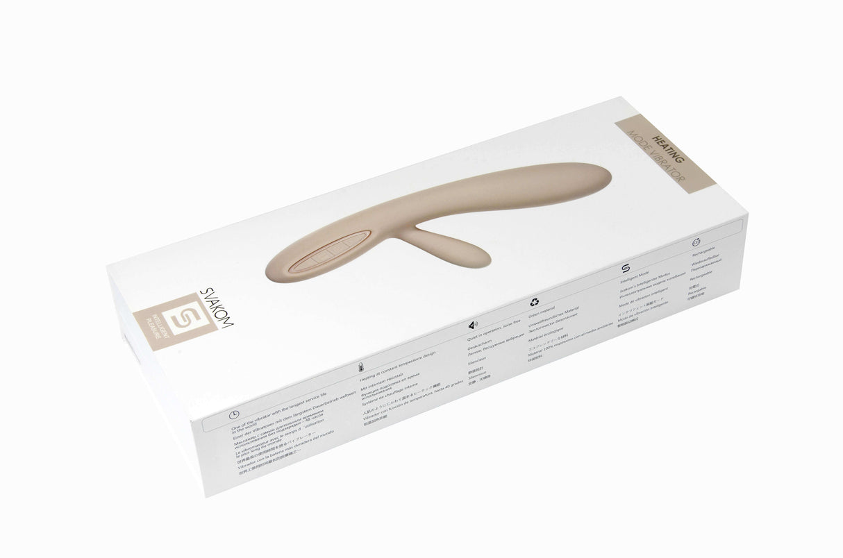 Svakom Lester Rechargeable Warming Rabbit Vibrator Khaki in elegant packaging with product details.