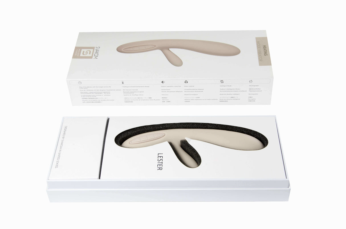 Svakom Lester Rechargeable Warming Rabbit Vibrator Khaki in elegant packaging with product details.