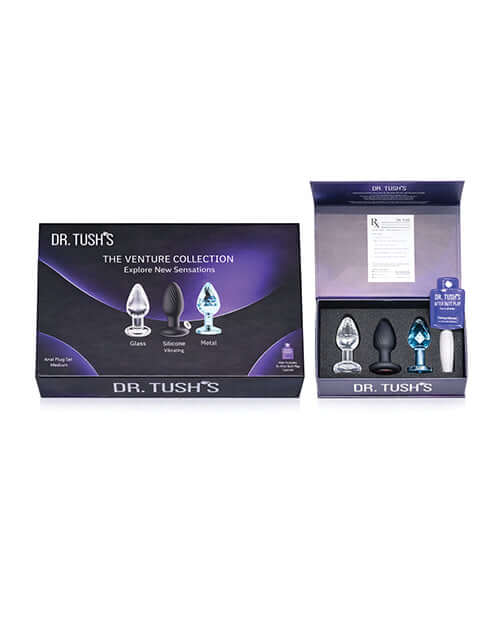 Dr Tush's Venture Collection Anal Plug Set Small in packaging showing three plugs: glass, silicone, and metal.