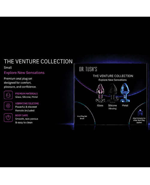 Product image of Dr Tush's Venture Collection Anal Plug Set Small showcasing glass, silicone, and metal plugs with descriptions.