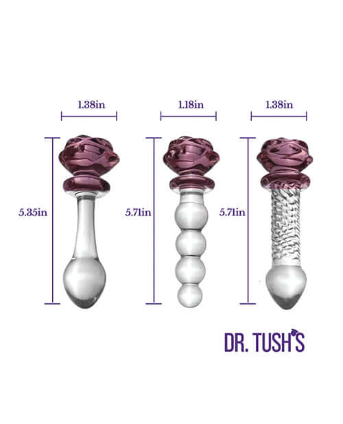 Dr Tush's Sacred Glass Rose Anal Plug Set showing dimensions of three elegant glass pieces.