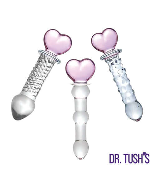 Dr Tush's Hearts of Pleasure Collection Anal Plug Set Glass featuring three elegant heart-topped glass anal plugs.