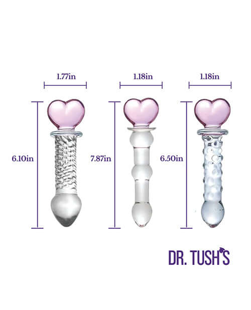 Dr Tush's Hearts of Pleasure Collection Anal Plug Set Glass with heart-topped designs and dimensions.