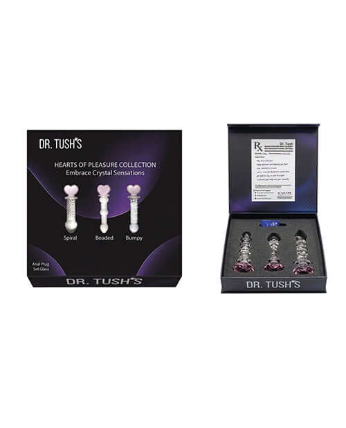 Dr Tush's Hearts of Pleasure Collection Anal Plug Set Glass featuring Spiral, Beaded, and Bumpy glass toys in a display box.
