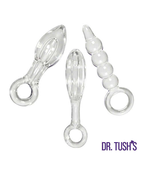Dr Tush's Halo of Pleasure Collection Anal Plug Set Glass featuring three distinct glass plugs.