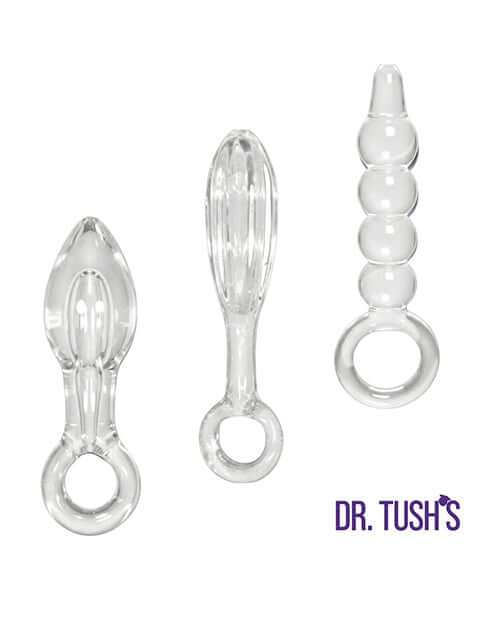 Dr Tush's Halo of Pleasure Collection Anal Plug Set Glass featuring three clear glass plugs.