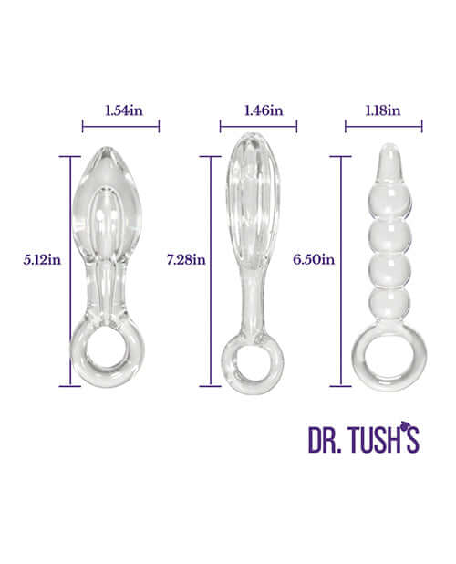 Dr Tush's Halo of Pleasure Collection Anal Plug Set Glass showing three shaped plugs with dimensions.