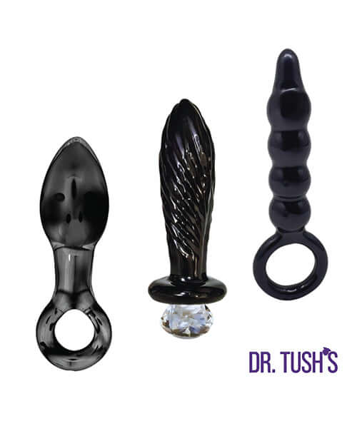 Dr Tush's Dark Curiosity Collection Anal Plug Set Glass showcasing three black borosilicate glass anal plugs.