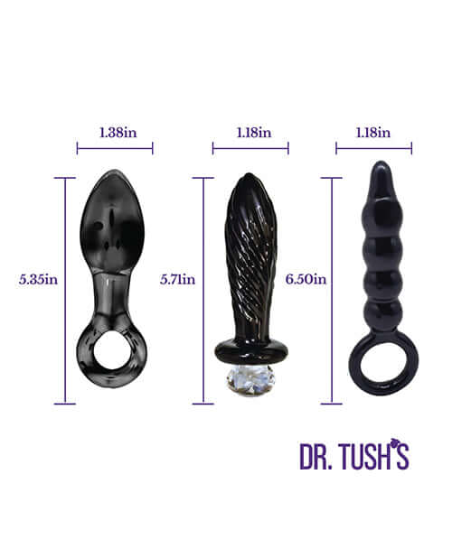 Dr Tush's Dark Curiosity Collection Anal Plug Set Glass featuring three distinct glass plugs with measurements.