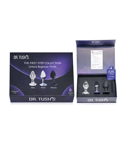 Dr Tush's First Step Anal Plug Set Glass Metal Silicone with three beginner-friendly plugs in stylish packaging.