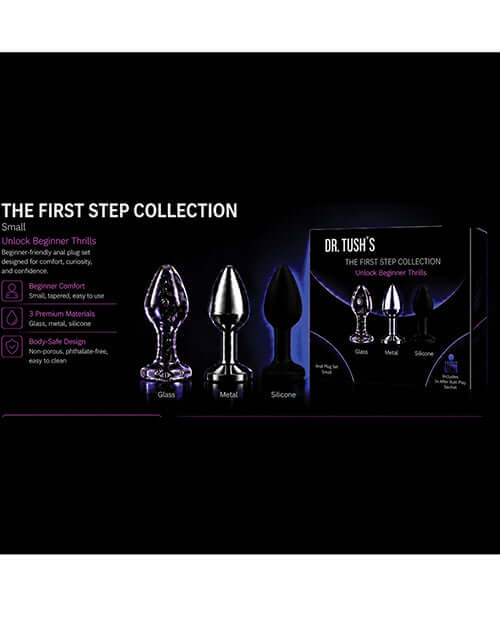 Dr Tush's First Step Anal Plug Set Glass Metal Silicone displayed with three plugs in Glass, Metal, and Silicone materials.