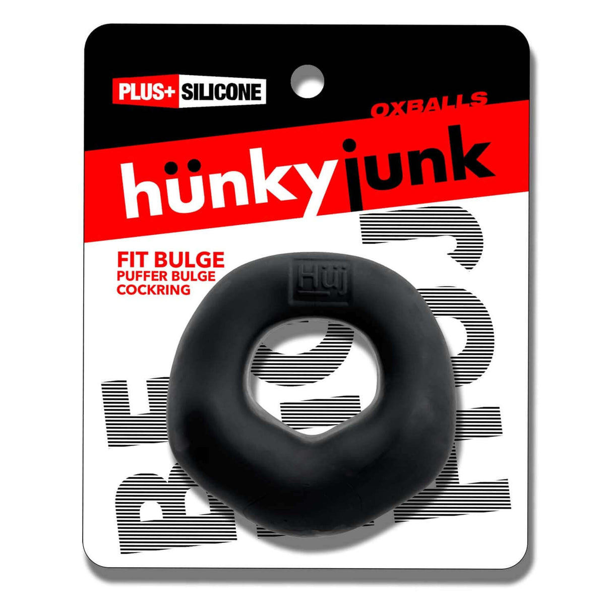 Oxballs Fit Bulge Hung-Style Cockring Black Fog on package showcasing design and branding.