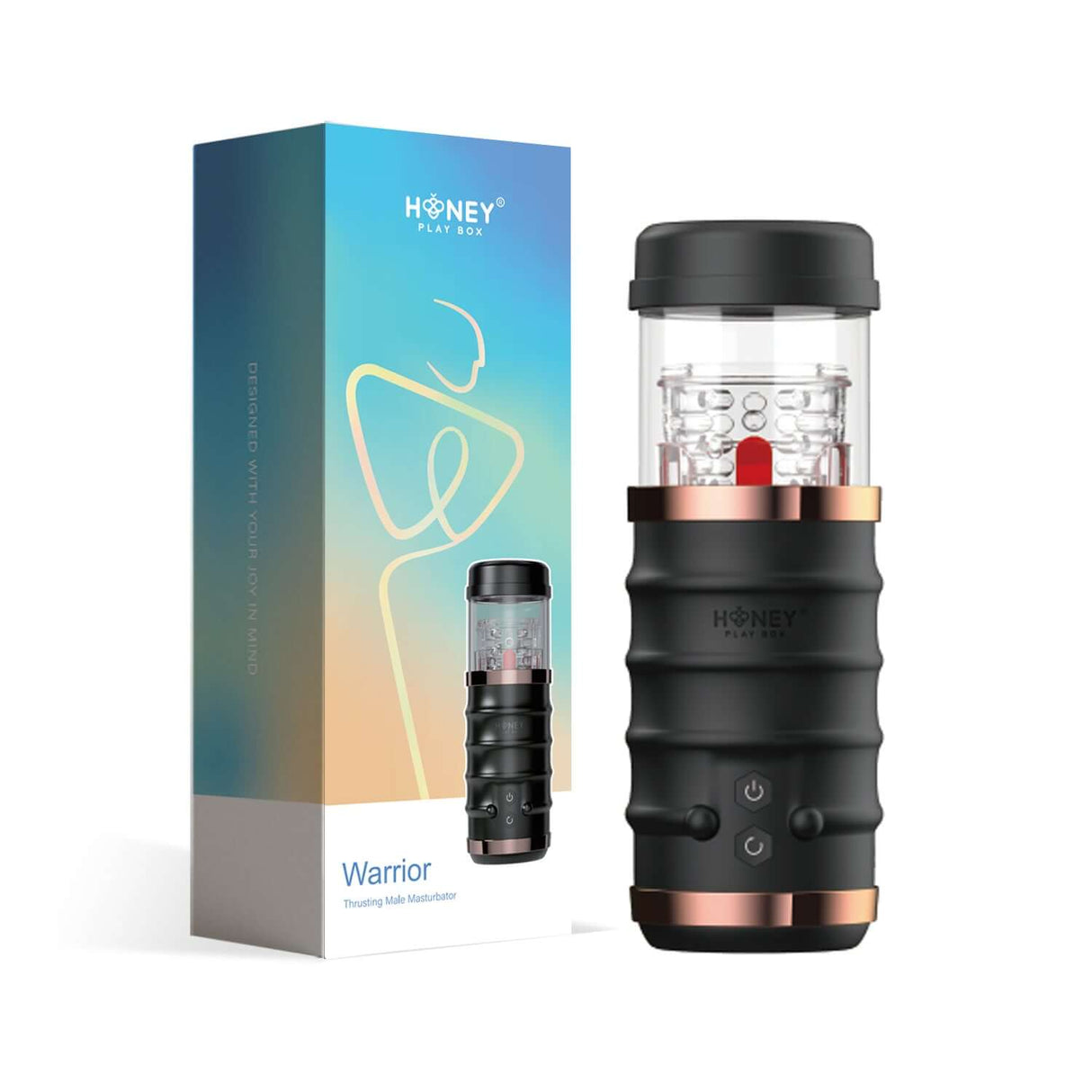 Honey Play Box Warrior Thrusting Male Masturbator displayed with packaging for an immersive hands-free experience.
