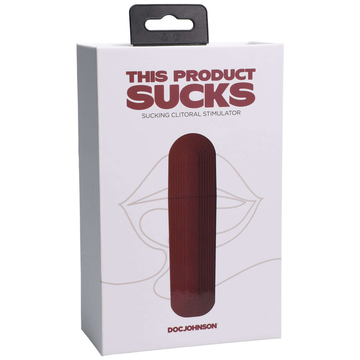 Packaging for This Product Sucks Sucking Clitoral Stimulator Red featuring a sleek design and branding.