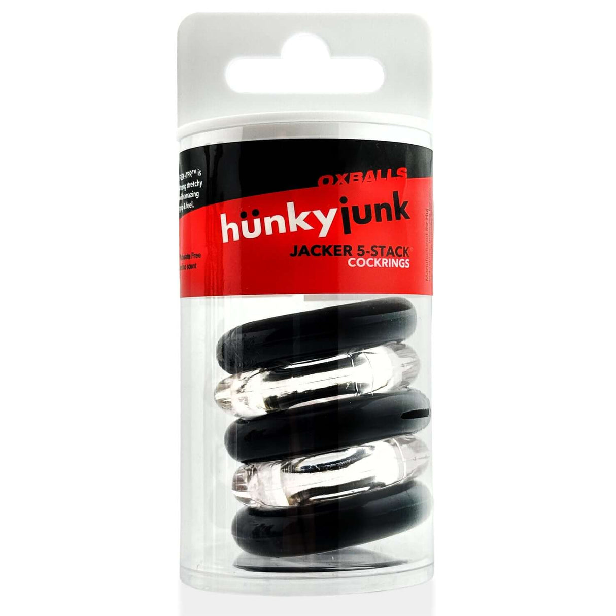 Oxballs Jacker 5-Stack Five-Pack Tube Super-Strong Cockrings in a clear storage tube.