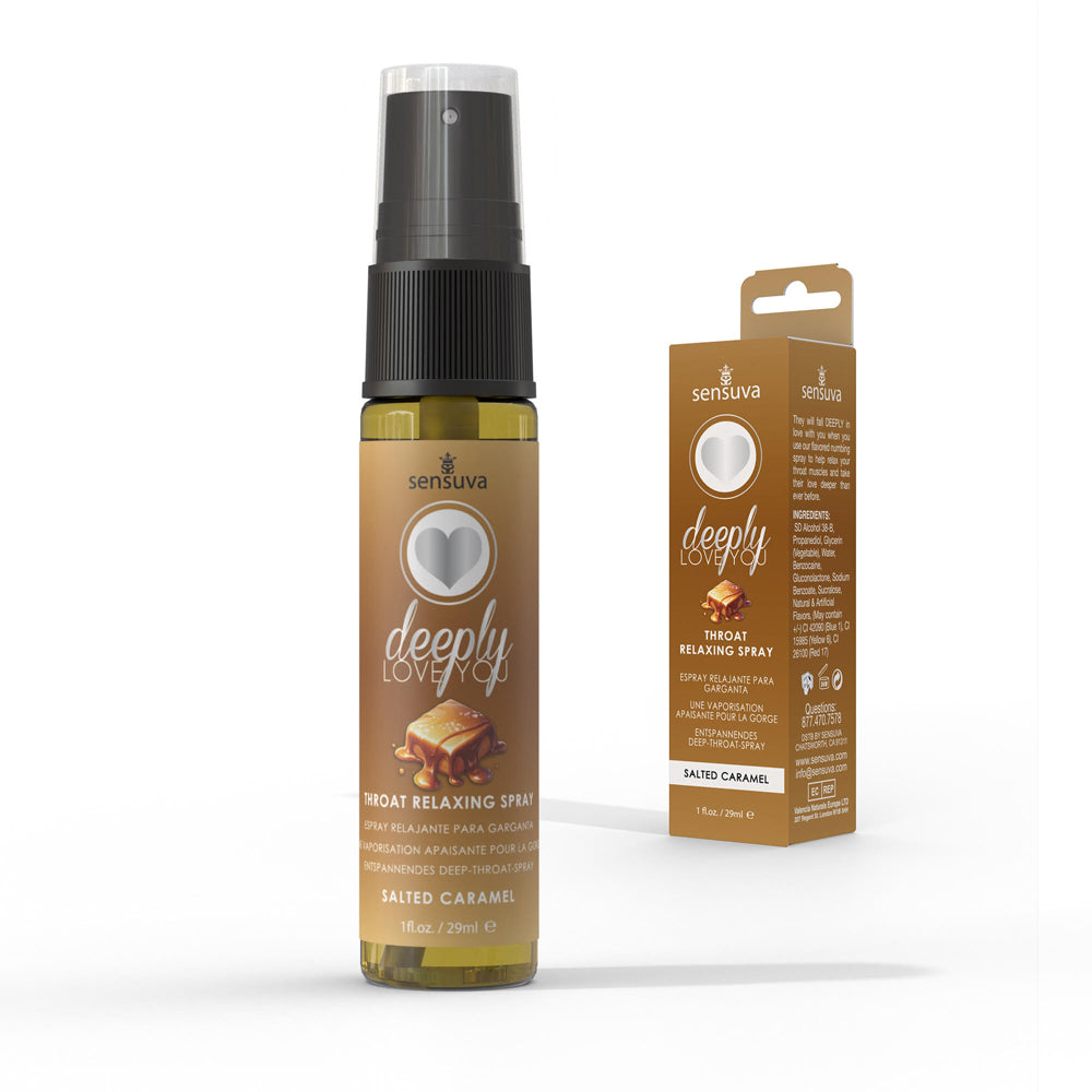 Deeply Love You Throat Relaxing Spray Salted Caramel 1 Oz in a bottle with packaging for enhanced comfort during oral intimacy.