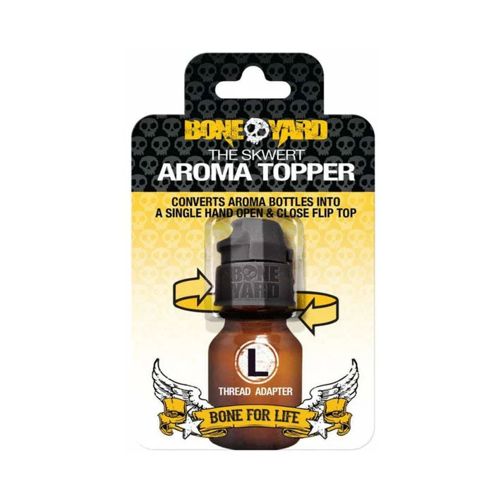 Skwert Aroma Topper Large Thread Bottle Adapter displayed in packaging, featuring a flip-top design for easy access.