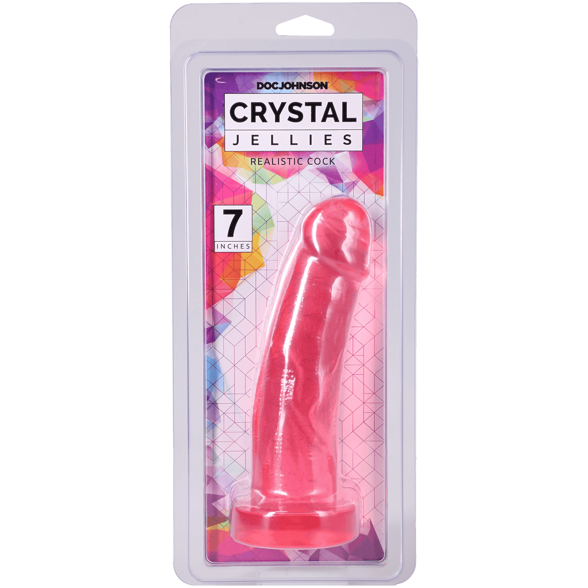 Crystal Jellies Realistic Cock 7 Inches Pink in packaging, featuring textured veins and a suction cup base.
