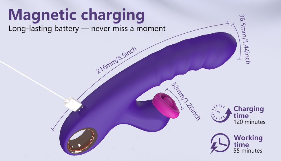 Sweet Heart Thrusting Tapping Vibrator with magnetic charging and long-lasting battery details.