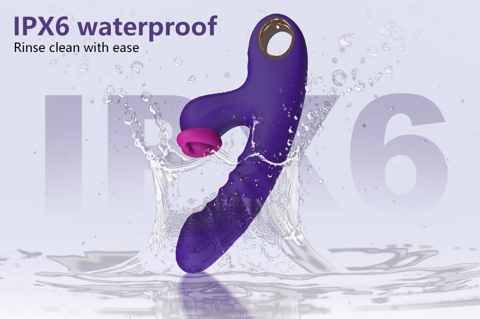 Sweet Heart Thrusting Tapping Vibrator showcased in a waterproof design, splashing water, highlighting easy cleaning.